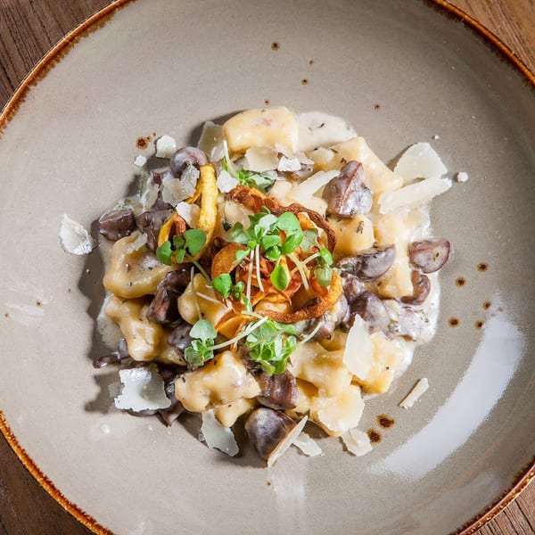 Lena's gnocchi with mushrooms, cream sauce, parmesan, crispy onions, and microgreens on a plate.