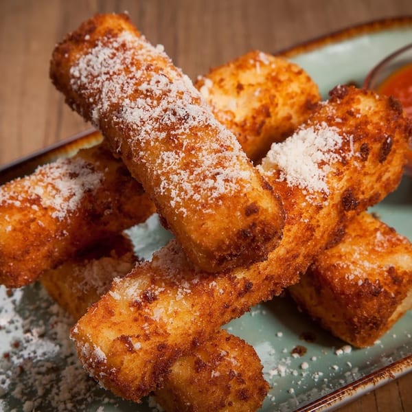 Close-up of golden-brown fried mozzarella sticks, dusted with Parmesan cheese, on a light blue plate.