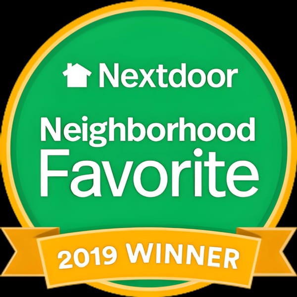 Nextdoor Neighborhood Favorite 2019 Winner badge, a green circle with a yellow ribbon.