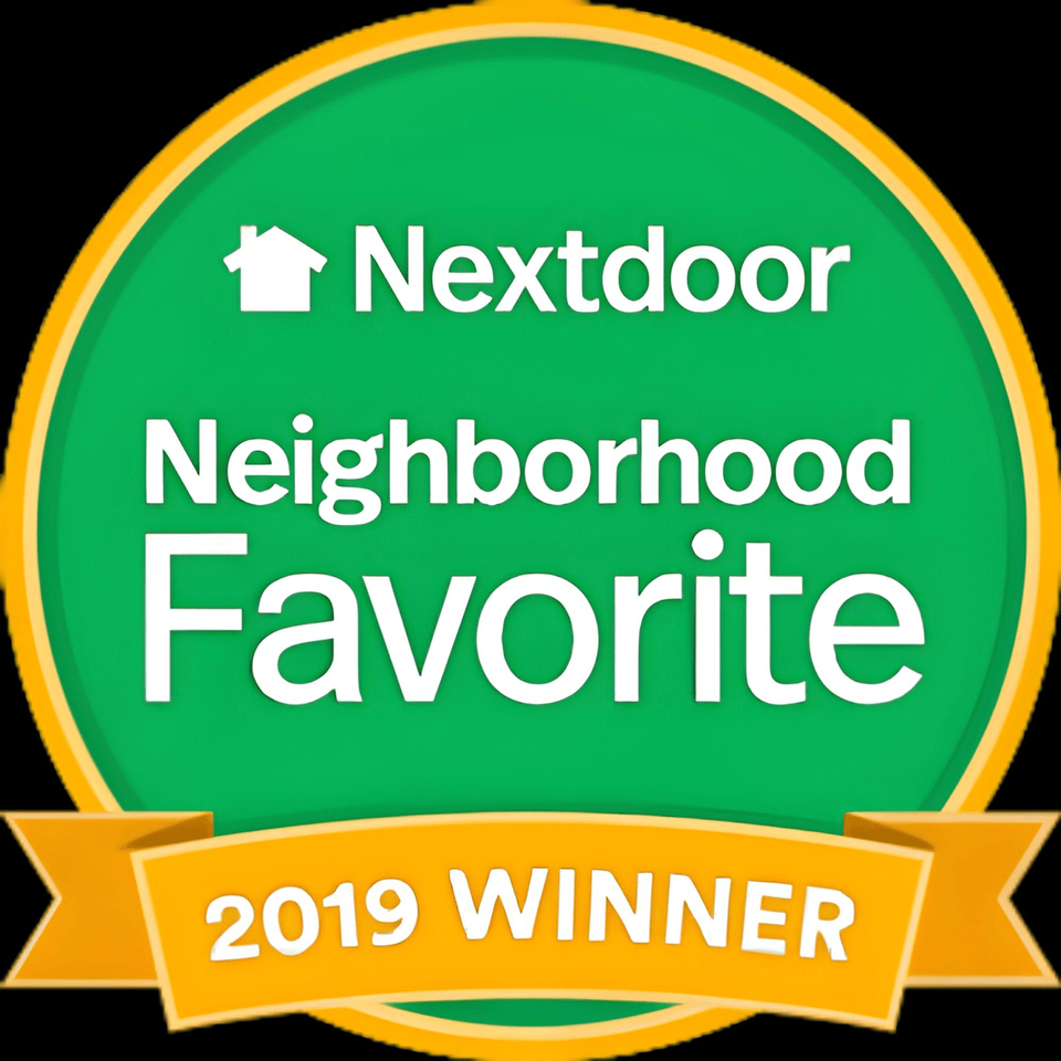 Nextdoor Neighborhood Favorite 2019 Winner badge, a green circle with a yellow ribbon.