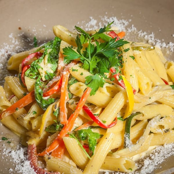 Penne pasta with colorful bell peppers, zucchini, and fresh parsley, sprinkled with Parmesan cheese.
