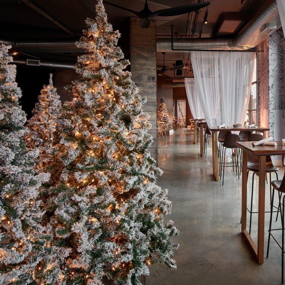Snow-dusted Christmas trees with warm lights decorate Lena's dining room with high-top tables.