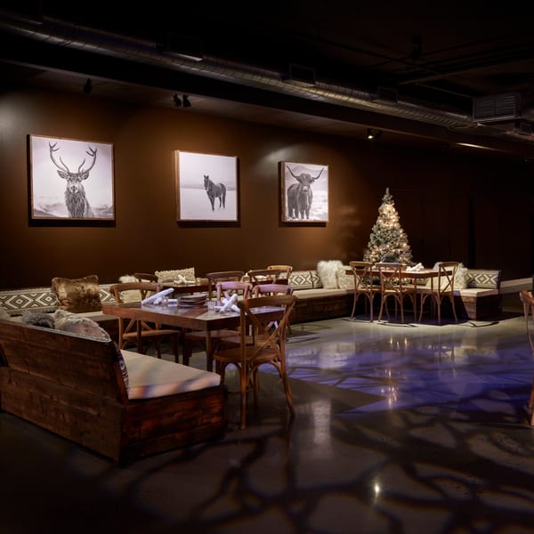 Lena's Wood-Fired Pizza & Tap dining room with dark walls, wooden tables, benches, and a lit Christmas tree.