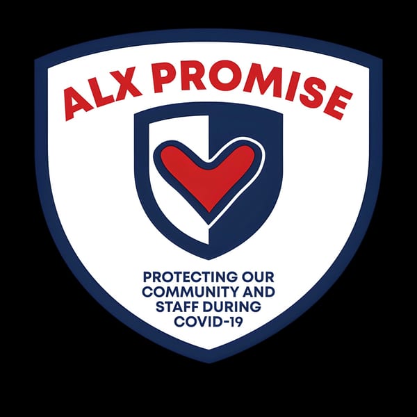 ALX Promise shield logo with a heart, stating "Protecting Our Community and Staff During COVID-19".