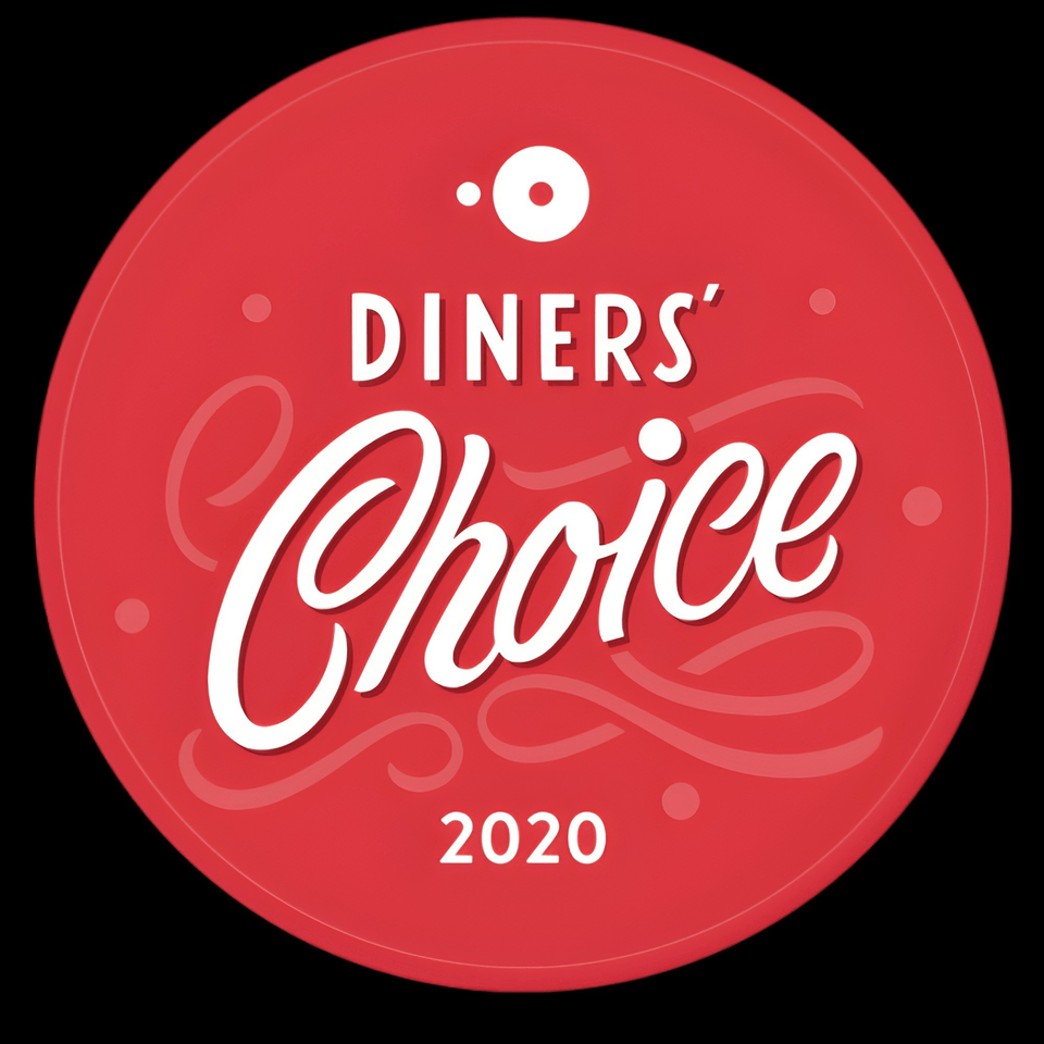 Red circular "Diners' Choice 2020" award logo with white text and decorative swirls.